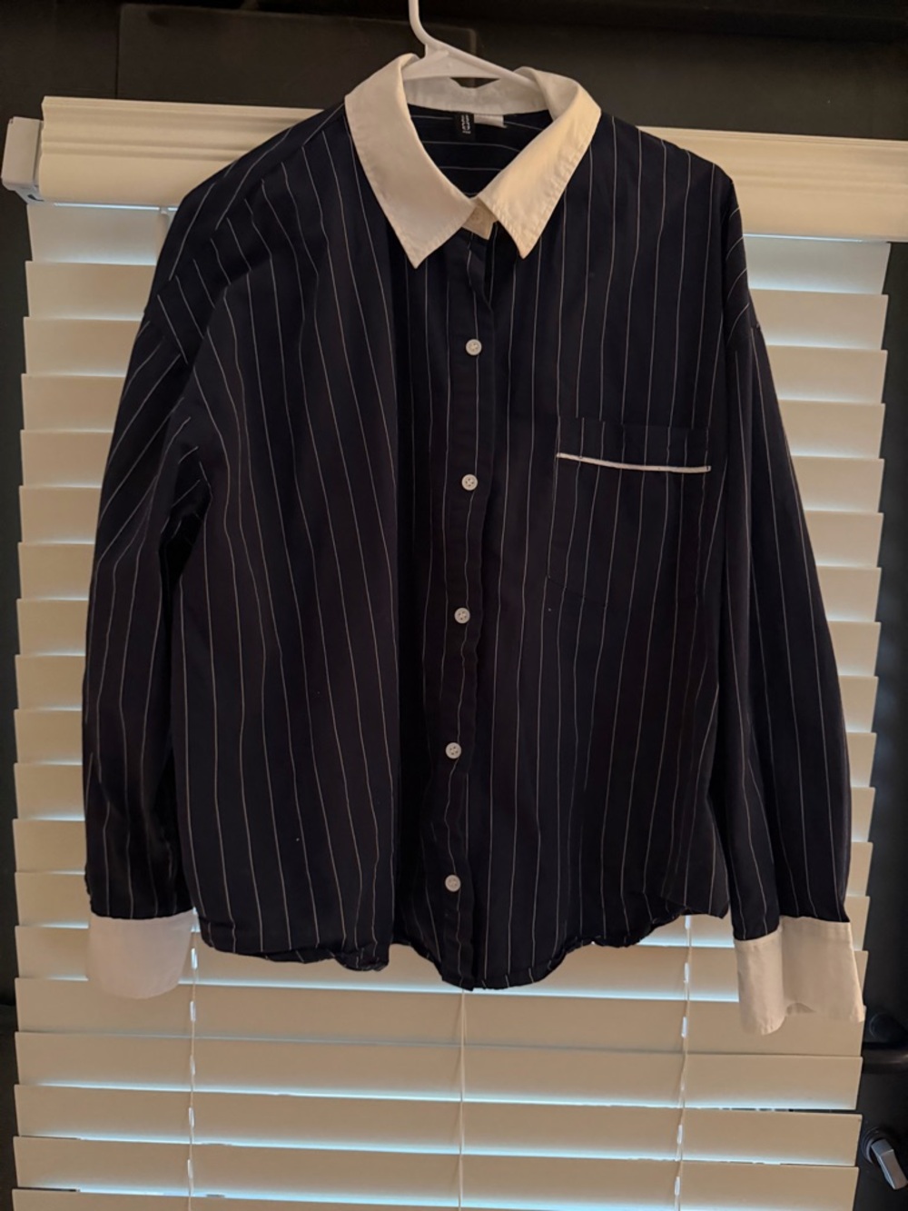 Divided Navy Pinstripe Button-Down Shirt with White Collar